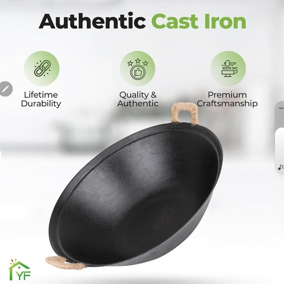 Brand New 14.2" Cast Iron Wok w/ Wood Lid | Pre-Seasoned | Flat Bottom | YFFutur - Picture 4 of 8